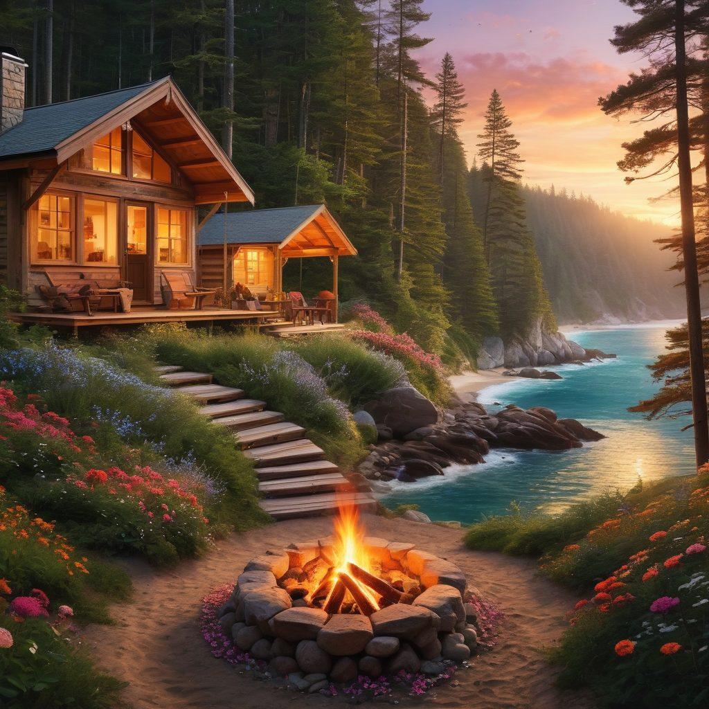 An enchanting collage showcasing a sunlit forest with hikers exploring trails, a serene beach setting with a couple enjoying sunset, and a cozy cabin surrounded by flowers and a campfire. Elements of romance, adventure, and relaxation seamlessly blend to convey summer love getaways. vibrant colors. super-realistic. peaceful atmosphere.