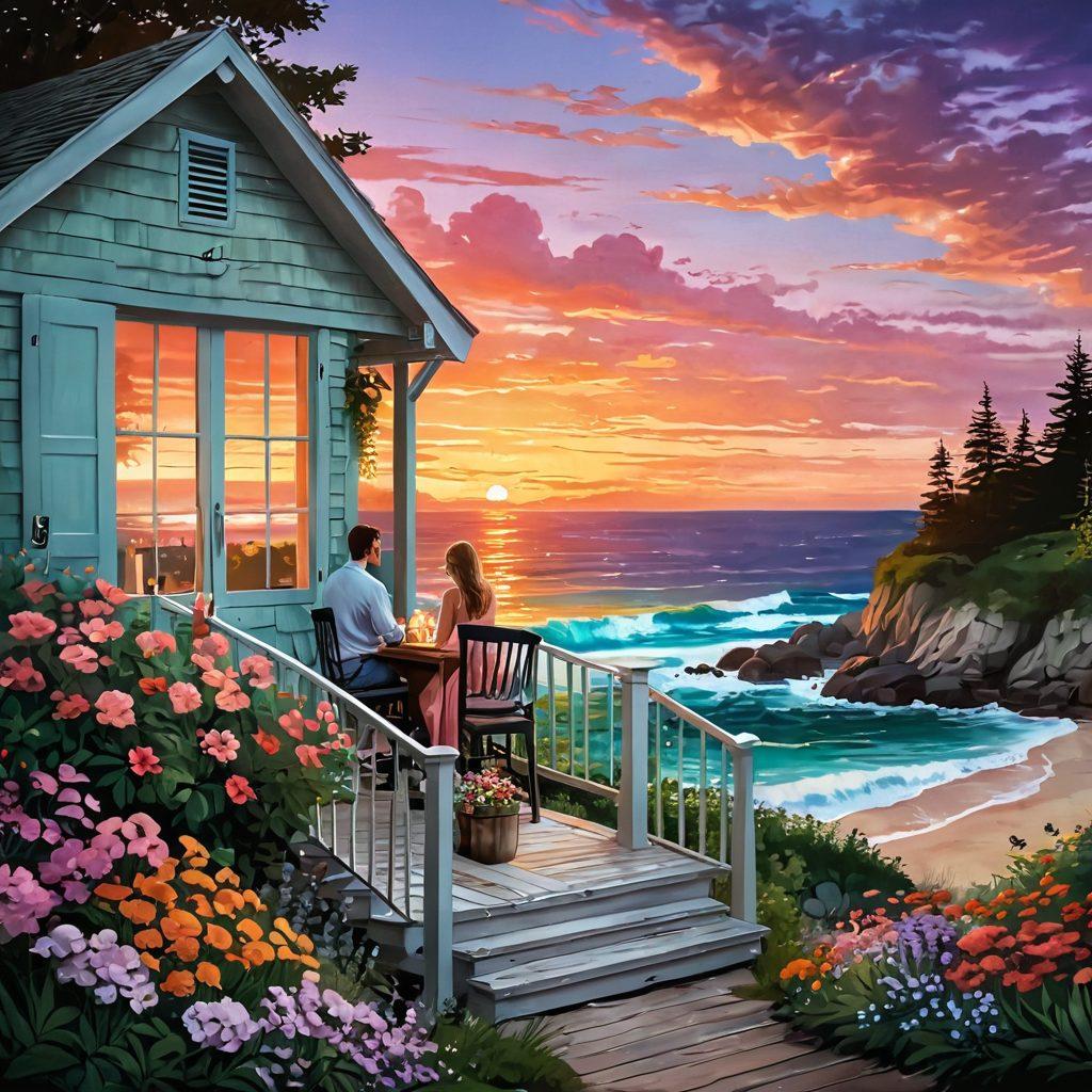 A dreamy summer landscape featuring a cozy beach cabin with candlelit dinner on the porch, surrounded by lush greenery and vibrant flowers. Soft waves crashing on the shore, with a sunset casting warm hues across the sky. A couple holding hands, gazing into each other's eyes, evoking a sense of romance and connection. sweet pastel colors. dreamy illustration. sunset backdrop.